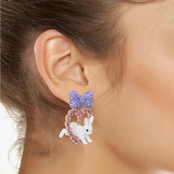 Betsey Johnson Purple and Pink Butterfly Earrings with Rabbit Charm - Picture 2 of 4